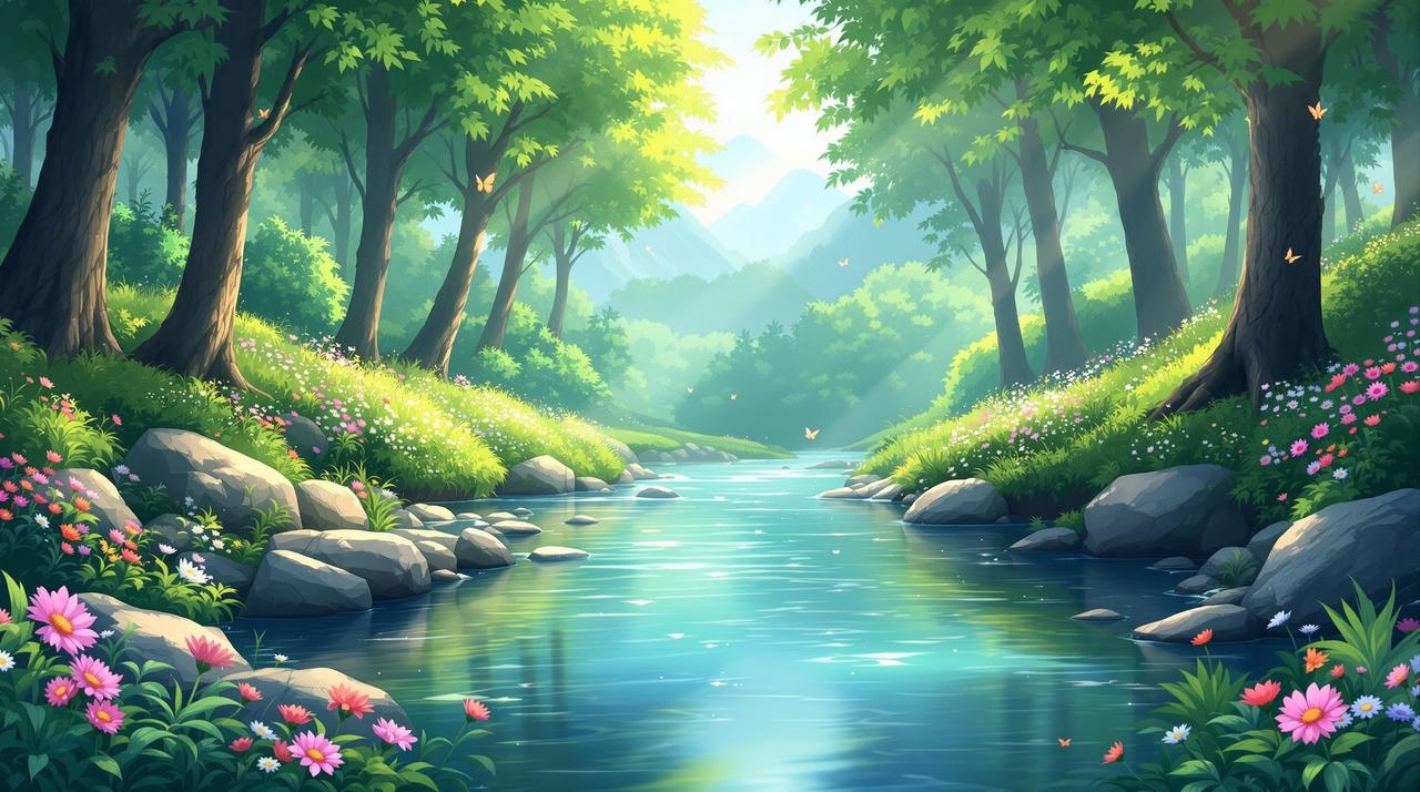 免费短剧无广告 - 清澈甘甜的治愈剧场，山间清泉流淌在绿意盎然的森林中，晨光洒落，温暖治愈